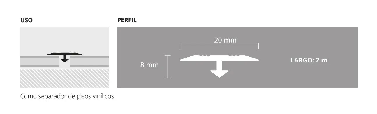 Perfil de Transición Aluminio Cromo Mate 20x8x2000 mm