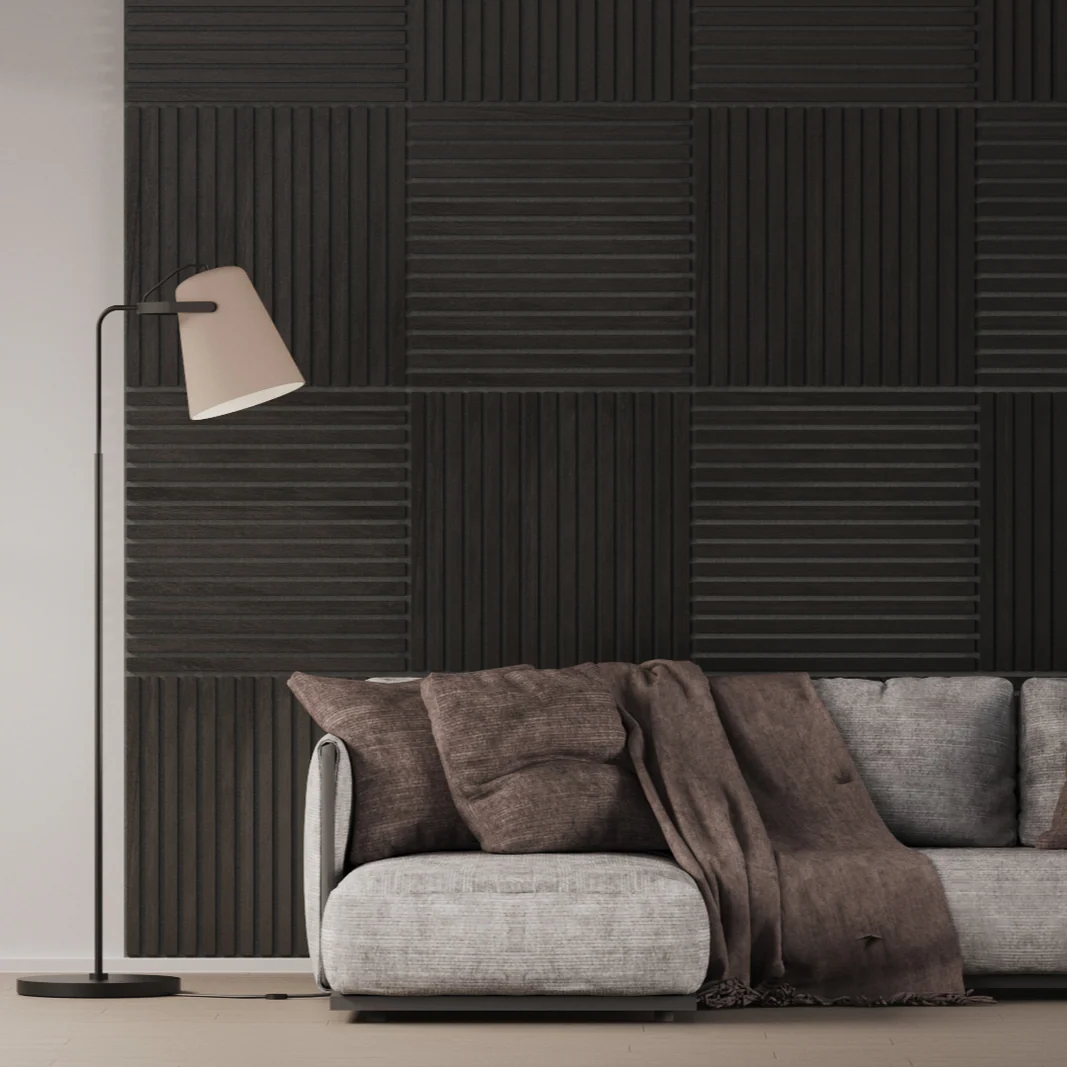 Panel Acustico 60x60 Encina Negra / PET Gris